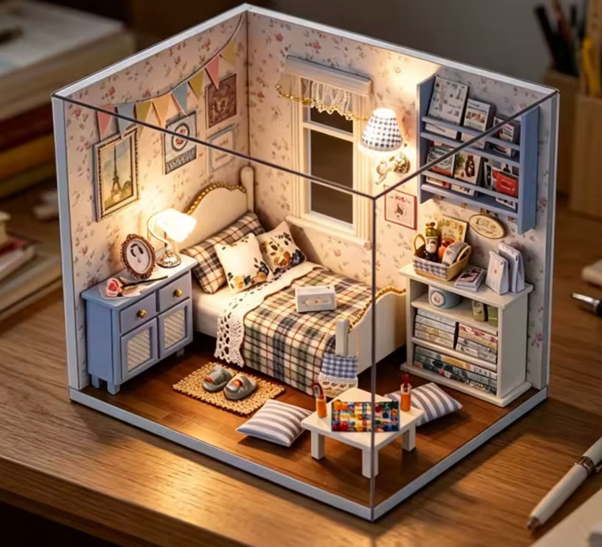 DIY Miniature Bedroom Dollhouse Kit with LED Light – Pink Purple Blue