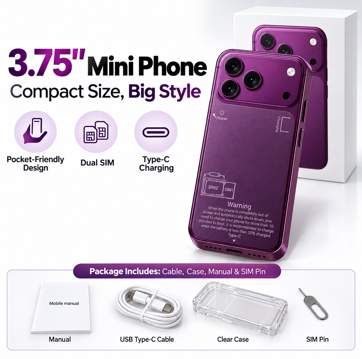 Purple i18 Max Mini Android phone and accessories