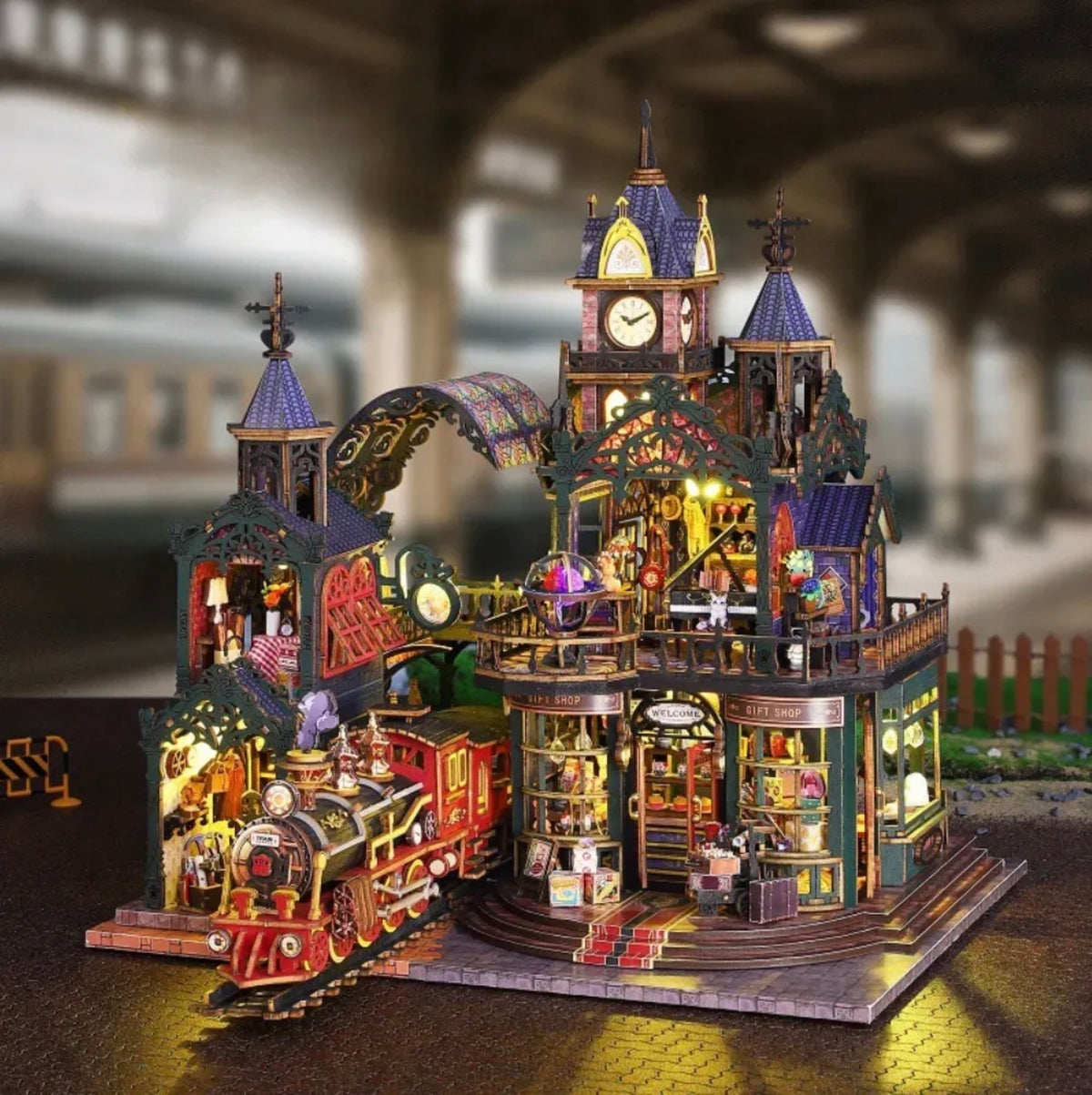 Rail-track Secluded City 3D Wooden DIY Miniature Kit with LED Light ES019-A