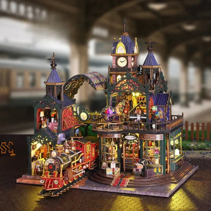 Rail-track Secluded City 3D Wooden DIY Miniature Kit with LED Light ES019-A