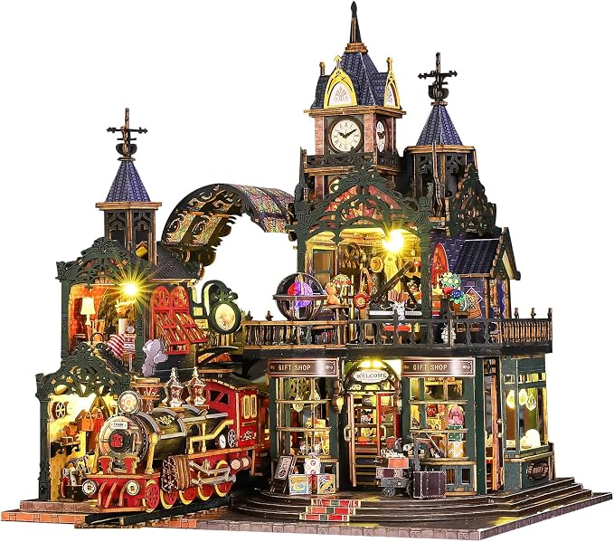 Rail-track Secluded City 3D Wooden DIY Miniature Kit with LED Light ES019-A