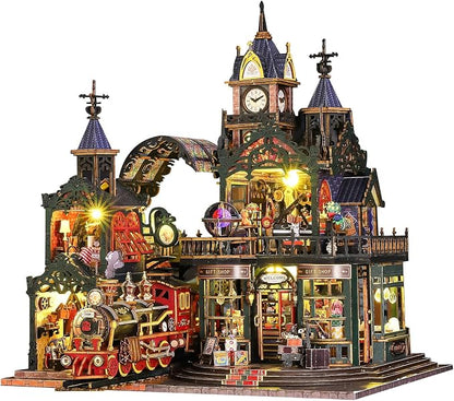Rail-track Secluded City 3D Wooden DIY Miniature Kit with LED Light ES019-A