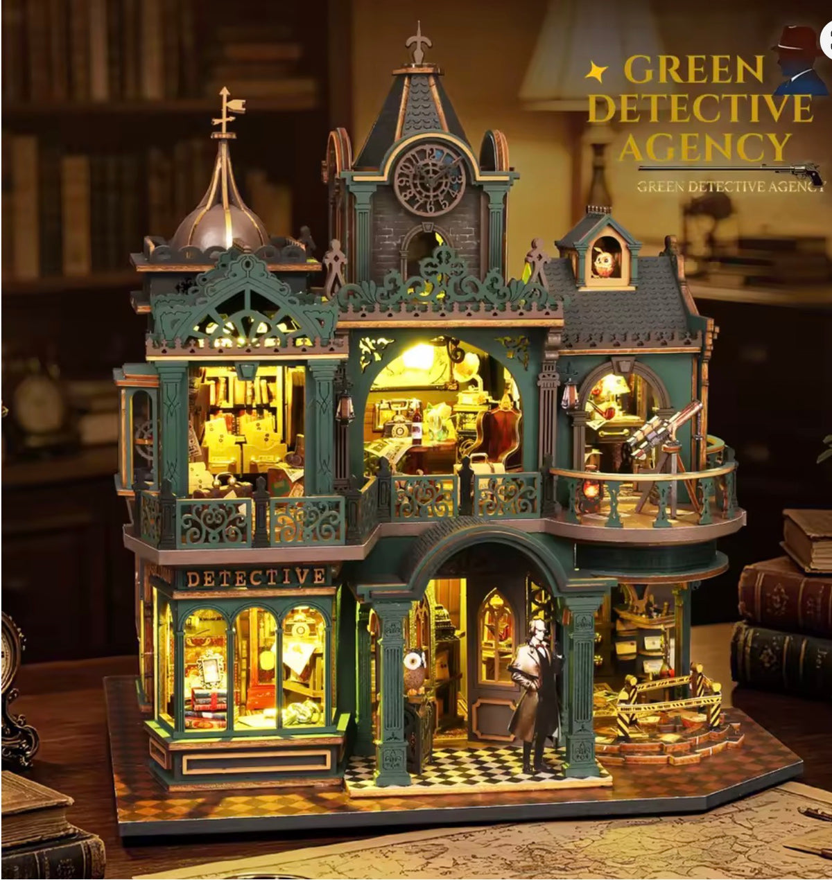 Green Detective Agency Victorian miniature house kit with LED lighting