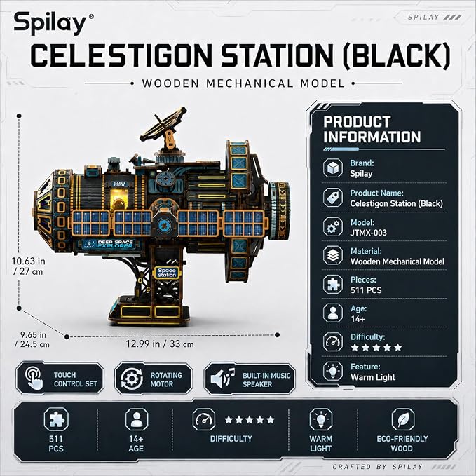 Celestigon Station Black 511-Piece DIY Wooden Mechanical Model Kit JTMX-003