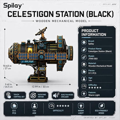 Celestigon Station Black 511-Piece DIY Wooden Mechanical Model Kit JTMX-003