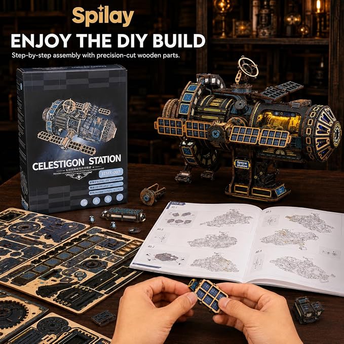 Celestigon Station Black 511-Piece DIY Wooden Mechanical Model Kit JTMX-003