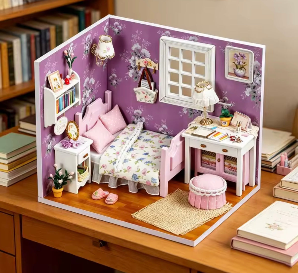 DIY Miniature Bedroom Dollhouse Kit with LED Light – Pink Purple Blue