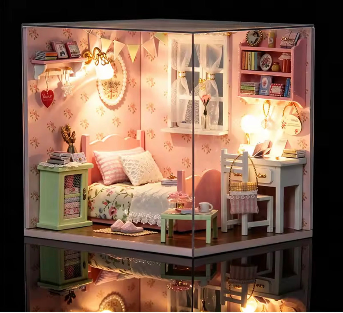 DIY Miniature Bedroom Dollhouse Kit with LED Light – Pink Purple Blue