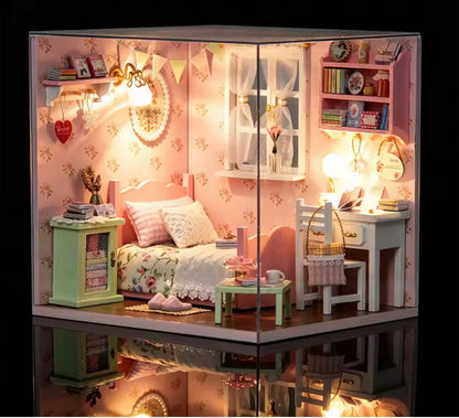 DIY Miniature Bedroom Dollhouse Kit with LED Light – Pink Purple Blue