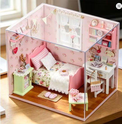 DIY Miniature Bedroom Dollhouse Kit with LED Light – Pink Purple Blue