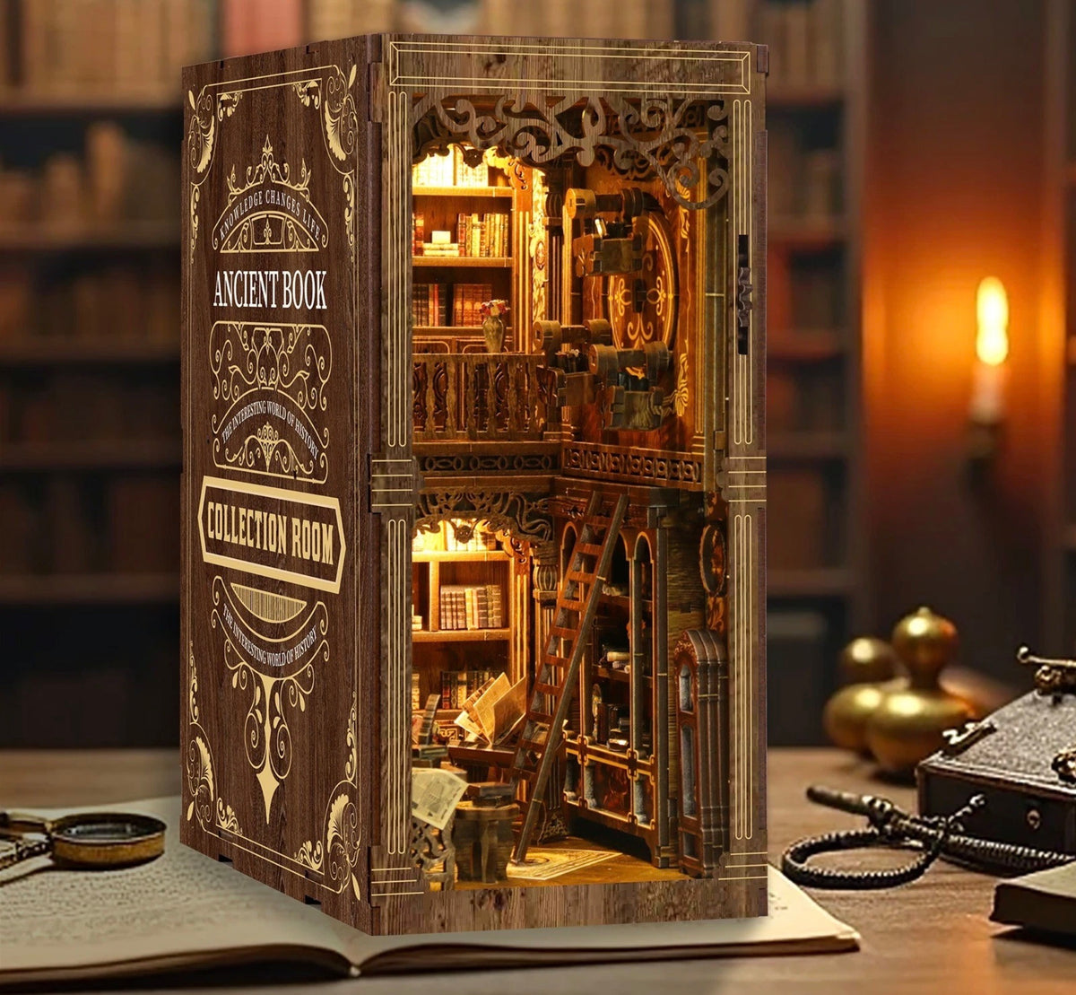 BV02-008 Antique Book Collection Room wooden book nook kit with LED lighting