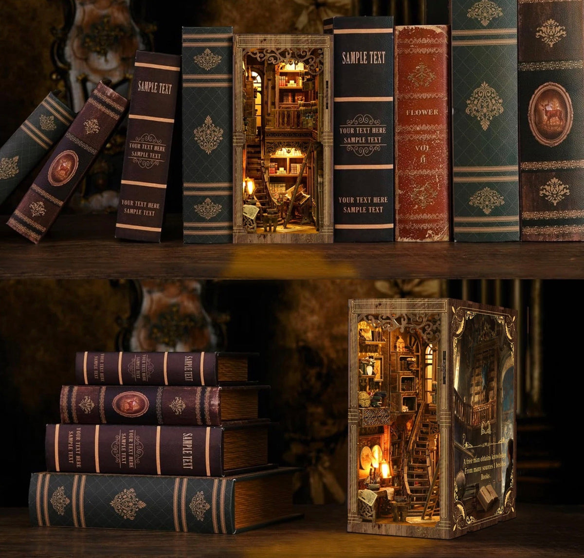 BV02-008 Antique Book Collection Room wooden book nook kit with LED lighting