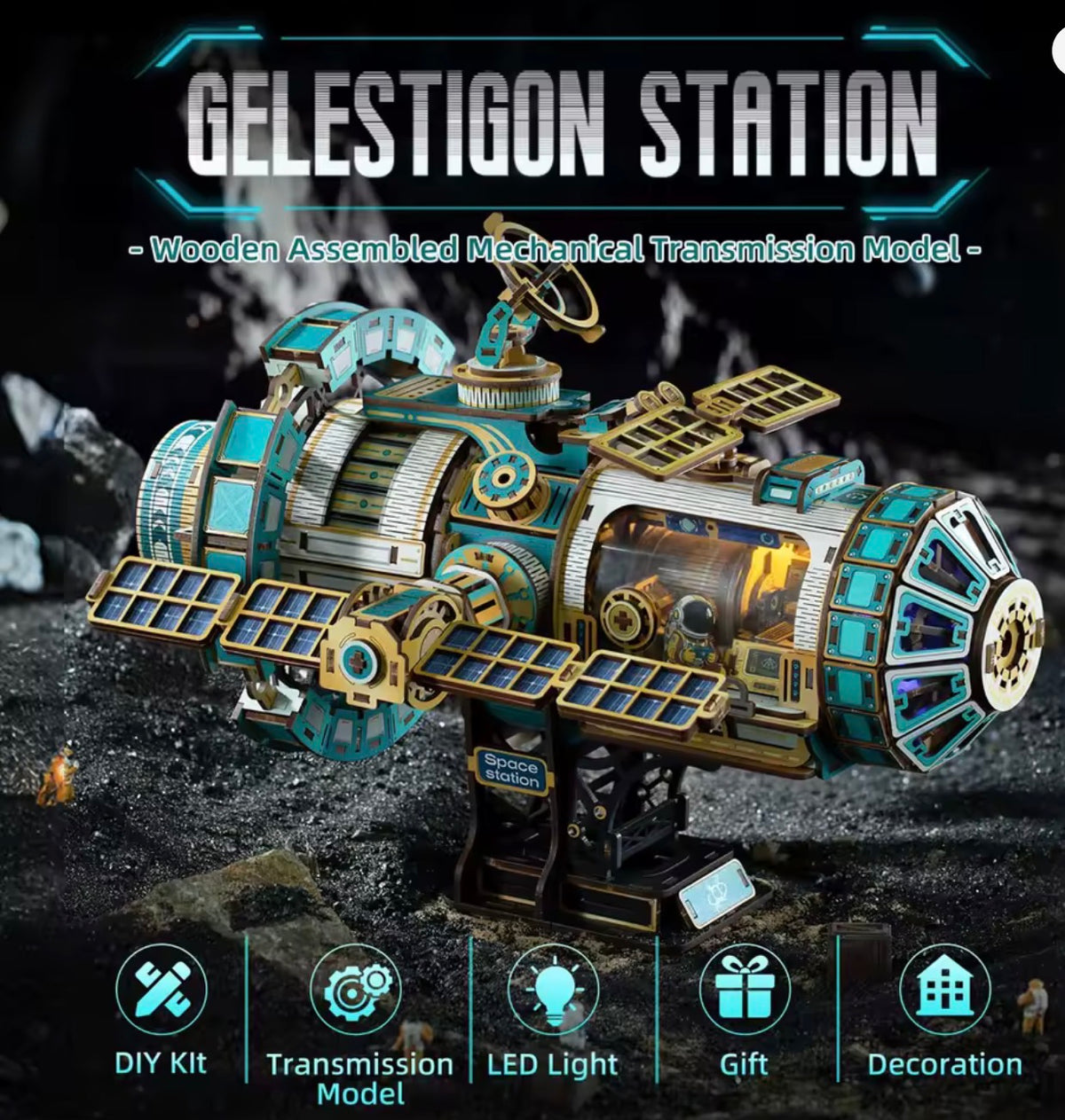 JTMX-004 Celestigon Space Station DIY wooden mechanical model with LED lights