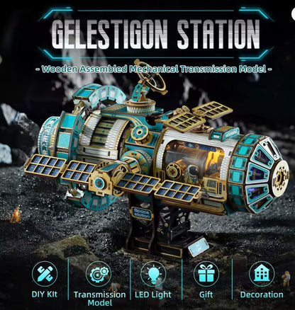 JTMX-004 Celestigon Space Station DIY wooden mechanical model with LED lights