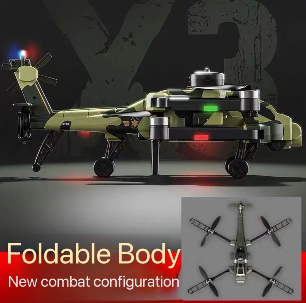 X3 Apache Military Helicopter Drone – Foldable RC Quadcopter with Camera & Screen Controller