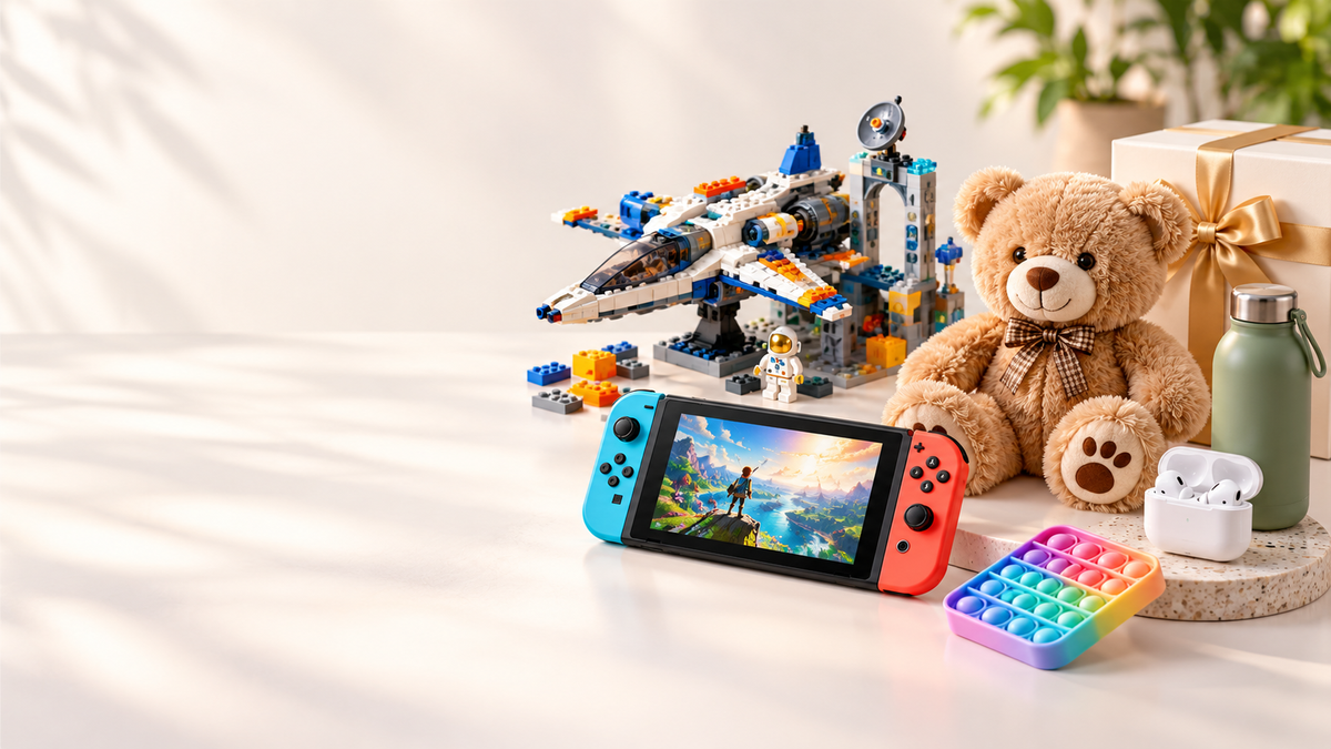 BAIR Gifts promotional banner with toys, gaming, teddy bear, gadgets and fidget gifts