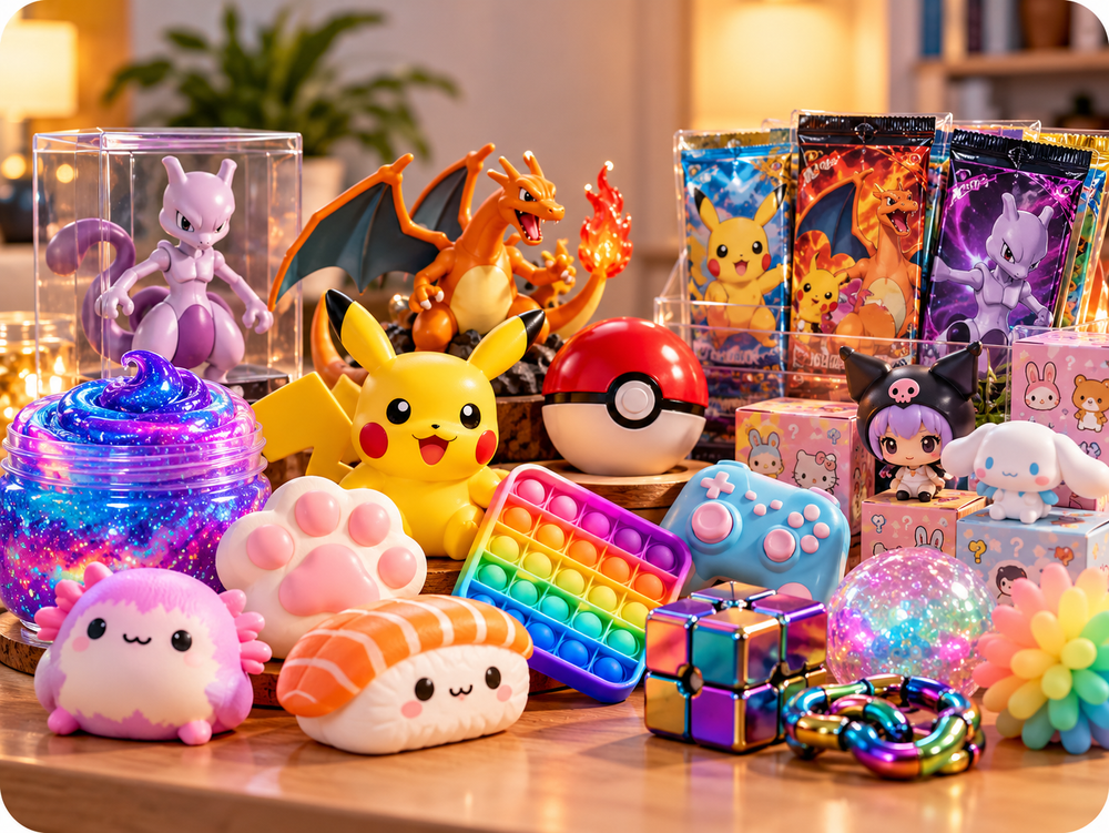 Trending products card image with Pokémon collectibles, squishies, slime and fidget toys
