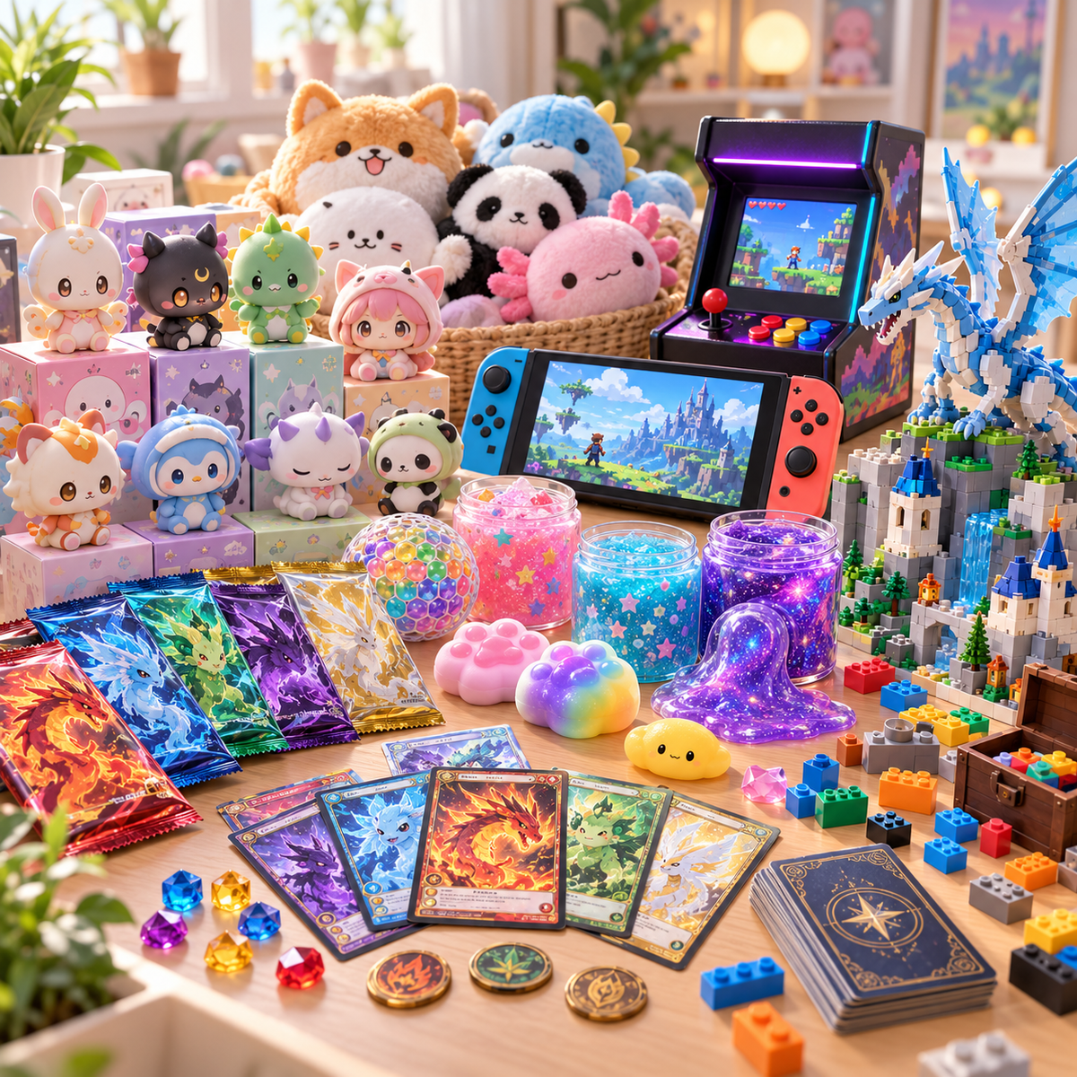 Trending products featuring collectible toys, gaming, slime, building blocks and trading cards
