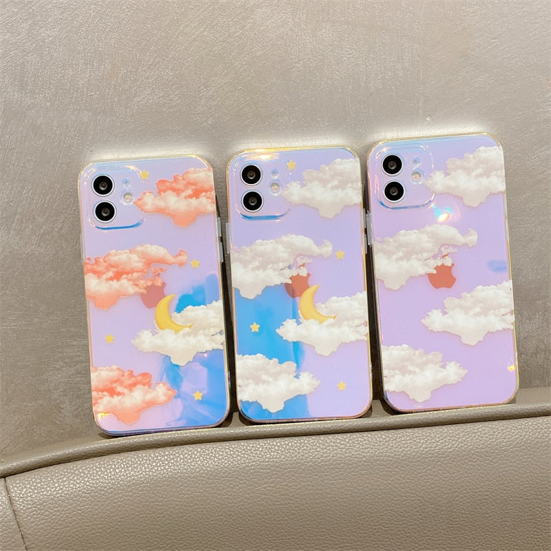 Cute Moon Stars Cloud Pattern Phone Case For iPhone SE3 13 12 mini 11 Pro Max 7 8 Plus X XR XS Max SE 2 3 2022 Shell Laser Cover