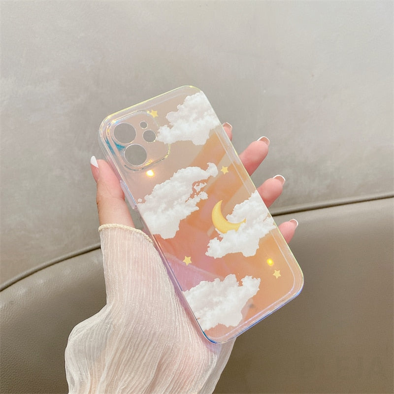 Cute Moon Stars Cloud Pattern Phone Case For iPhone SE3 13 12 mini 11 Pro Max 7 8 Plus X XR XS Max SE 2 3 2022 Shell Laser Cover